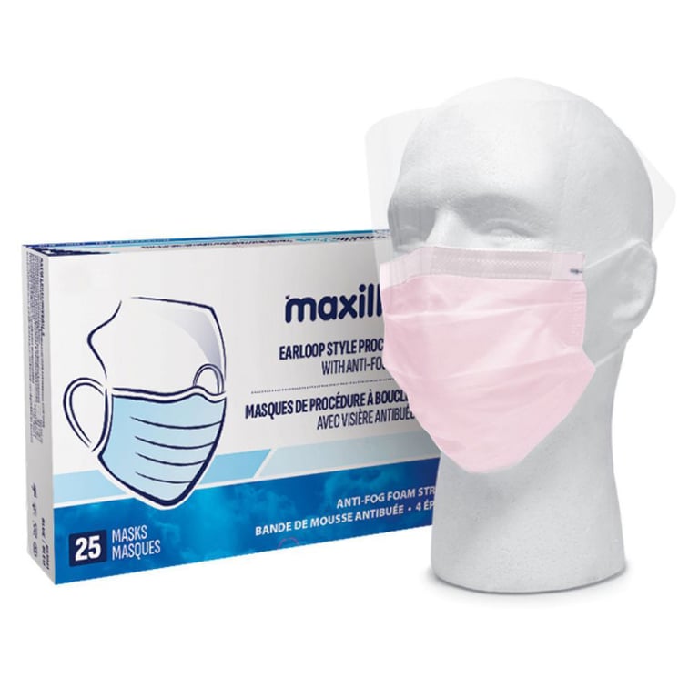 Maxill Plus 4-Ply ASTM Level 3 Earloop Style Mask w/ Anti-Fog Visor, Pink, 25/Box. Features a soft