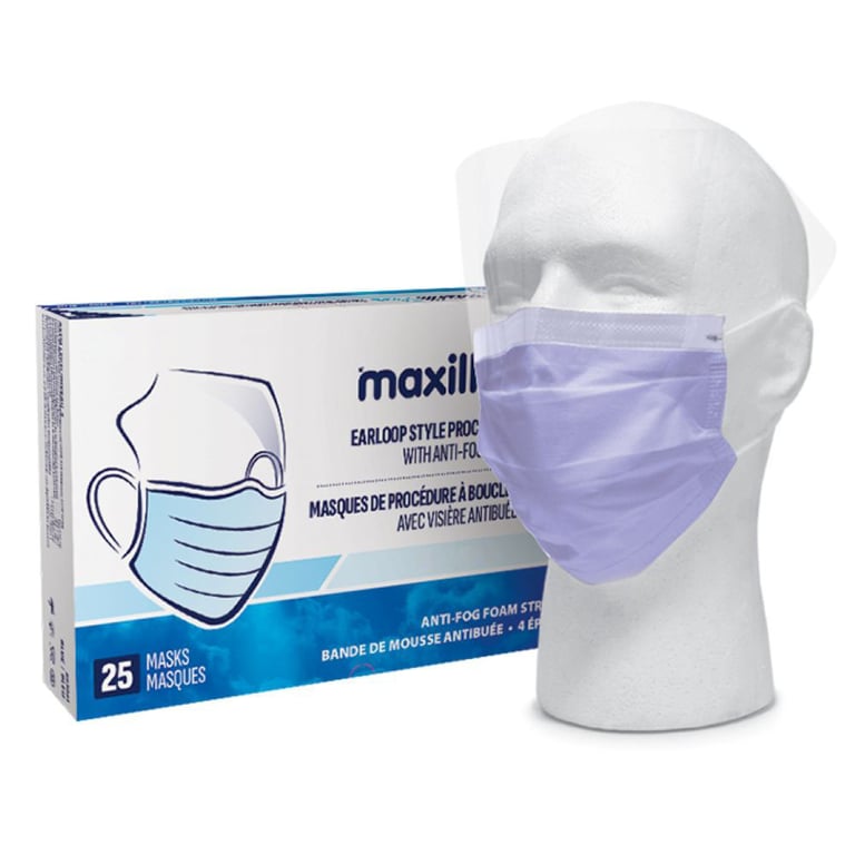 Maxill Plus 4-Ply ASTM Level 3 Earloop Style Mask w/ Anti-Fog Visor, Lavender, 25/Box. Features