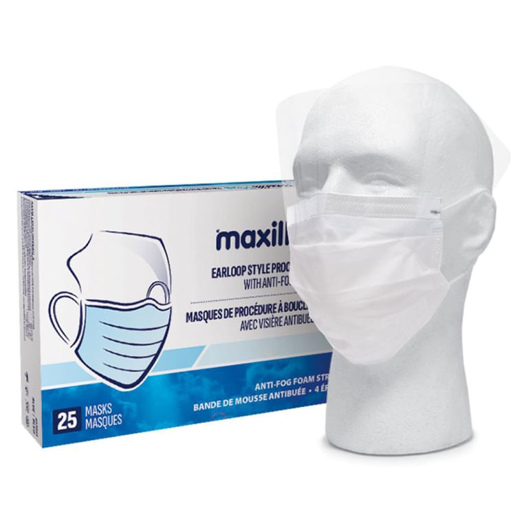 Maxill Plus 4-Ply ASTM Level 3 Earloop Style Mask w/ Anti-Fog Visor, White, 25/Box. Features