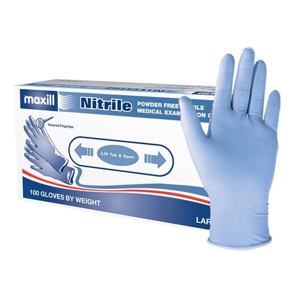 Maxill Nitrile Powder Free Exam Gloves, Large, 100/Bx. Light Blue, 3.9 mil single-use powder-free