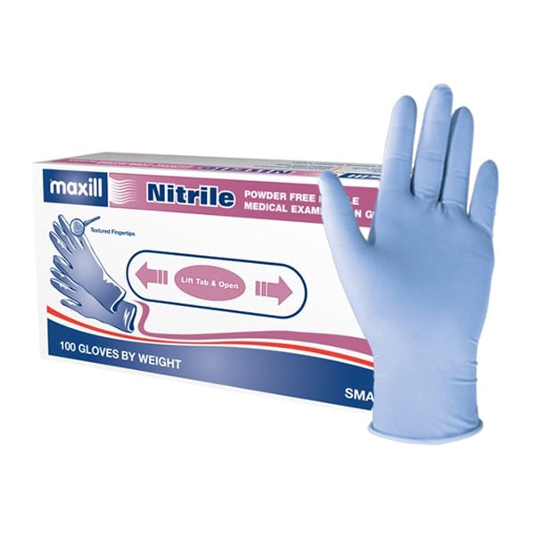 Maxill Nitrile Powder Free Exam Gloves, Small, 100/Bx. Light Blue, 3.9 mil single-use powder-free