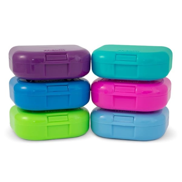 Maxill Retainer Boxes in 6 Assorted Vibrant Colors 50/Box. These retainer boxes have a smooth