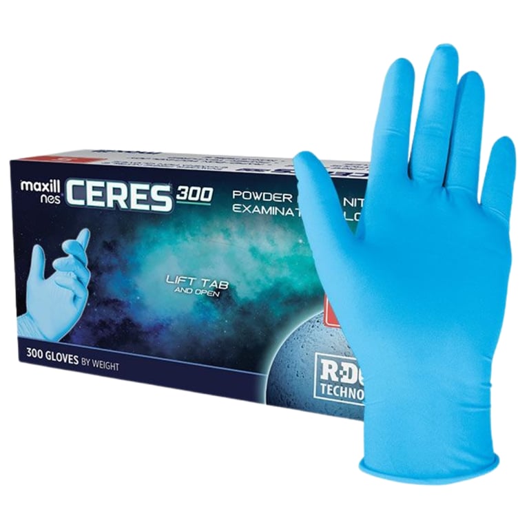 Maxill nes CERES 300 Nitrile Powder Free Exam Gloves, Textured Fingertip, Small, Blue, 300/Bx