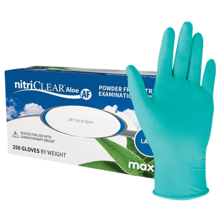 Maxill nitriCLEAR Aloe Nitrile Powder Free Exam Gloves, Textured Fingertip, X-Small, Green