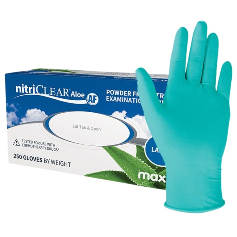 Maxill nitriCLEAR Aloe Nitrile Powder Free Exam Gloves, Textured Fingertip, Small, Green, 250/Bx