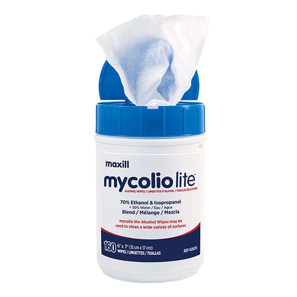 mycolio Lite 70% Alcohol Wipes, 160 Wipes/Tub, 1/Pk. Heavy-duty, non-woven towelettes. Contains