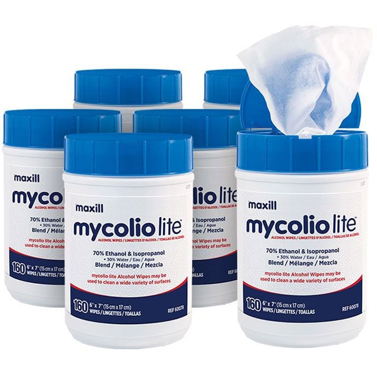 mycolio Lite 70% Alcohol Wipes, 160 Wipes/Tub, Case of 6. Heavy-duty, non-woven towelettes