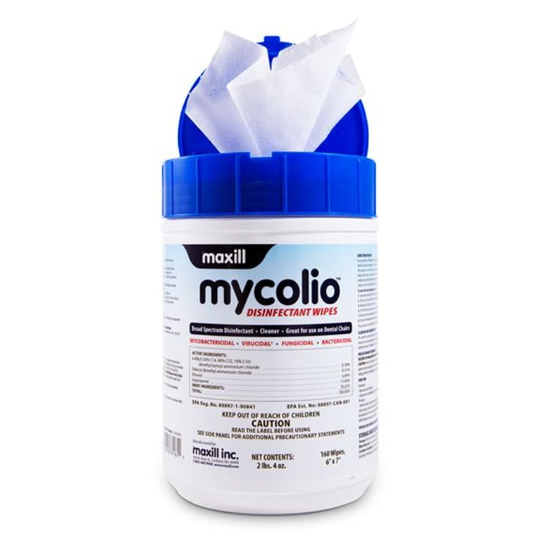 mycolio 6" x 7" Cleaner/Disinfectant Wipes, 160 Wipes/Tub. 13% Isopropanol. Effective against