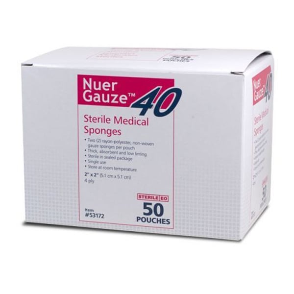 Nuer Gauze 2" x 2" Sterile, Non-Woven Gauze Sponge, 4-Ply, 100/Box. Non-adherent, super-soft