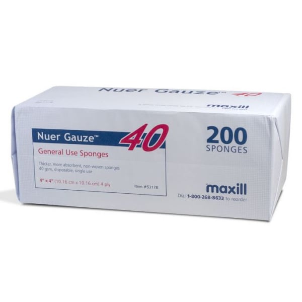Nuer Gauze 4" x 4" Non-Sterile, Non-Woven Gauze Sponge, 4-Ply, 1 Sleeve, 200/Box. Non-adherent