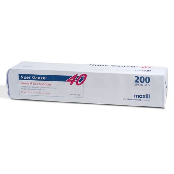 Nuer Gauze 2" x 2" Non-Sterile, Non-Woven Gauze Sponge, 4-Ply, 1 Sleeve, 200/Box. Non-adherent