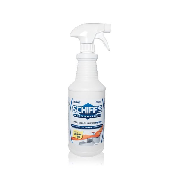 SCHIFF’S Chair Cleaner & Polish, 32 oz. Spray Bottle. Does not contain mineral oil, is low in VOCs