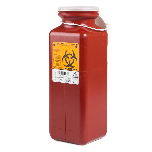 Medegen Medical 1.7 Quart Sharps Container with Locking Lid, Red, 3.5"D x 3.5" W x 10" H. Made