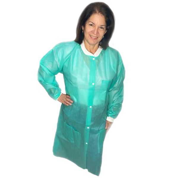 MPG Disposable Lab Coats, MEDIUM, Mint Green, 10/Bx. 3 pocket, 5 button snap front coats: knee