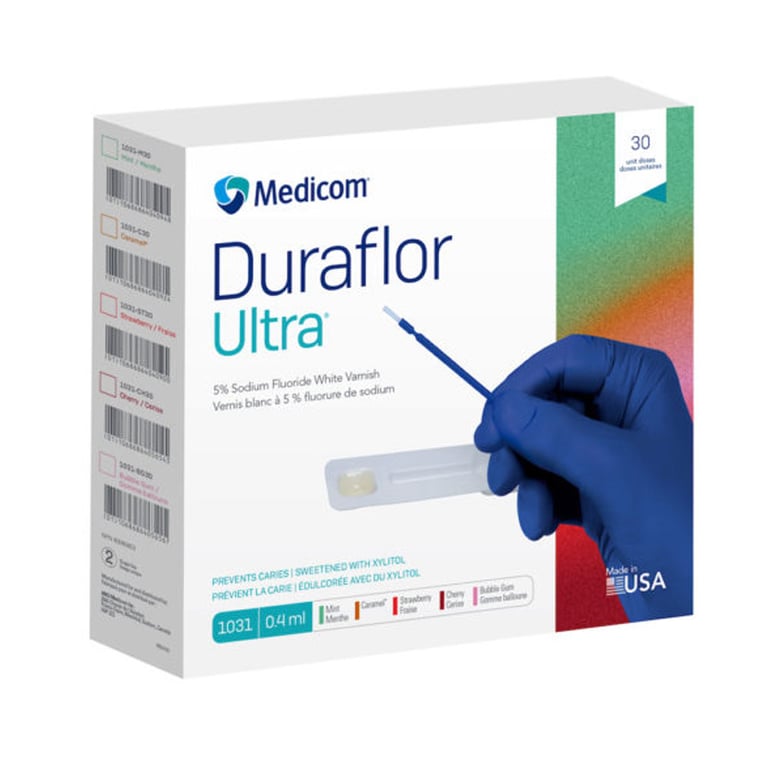 Duraflor Ultra 5% Sodium Fluoride White Varnish, Bubble Gum, 0.4 mL Unit Dose, 30/Box. Sweetened