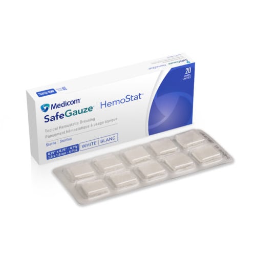 SafeGauze HemoStat Topical Hemostatic Dressing is a sterile, woven, pH neutral absorbable