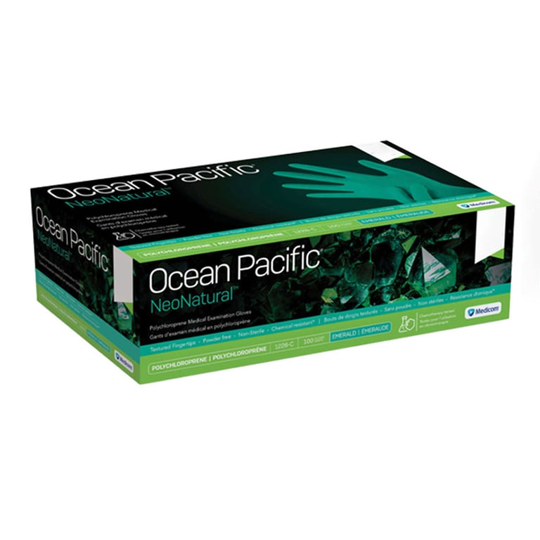 Ocean Pacific NeoNatural Chloroprene Powder Free Exam Gloves, X-Small, Green, 100/Bx. Features