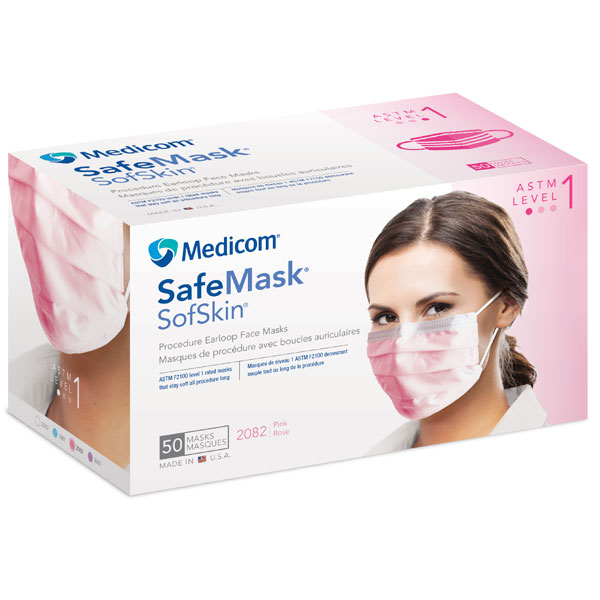 SafeMask SofSkin Earloop Mask PINK 50/Pk Fluid Resistant. Extra soft and dye-free. Adjustable nose