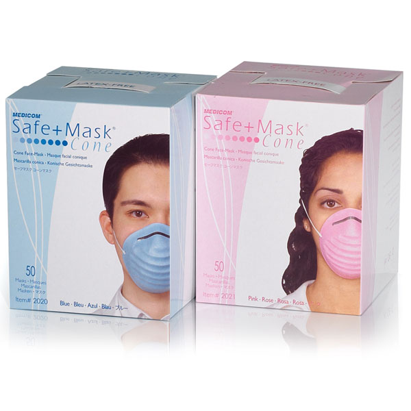 SafeMask Blue Molded Cone Face Mask 50/Box. Flexible aluminum nosepiece and stretchable headband