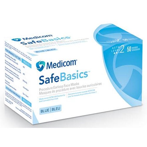 SafeBasics Procedure Ear-Loop Face Mask - BLUE 50/Bx. ASTM Level 2 protection for simple, low-risk