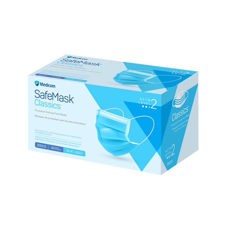 SafeMask Classics Earloop Masks, L2, Blue, 50/Box. Reliable protection for everyday use