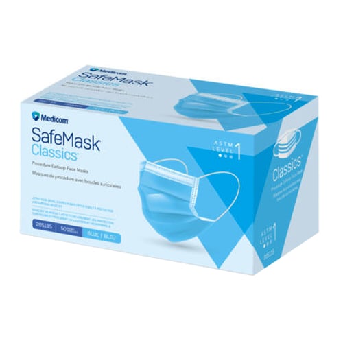 SafeMask Classics ASTM Level 1 Procedure Earloop Face Mask, BFE/PFE ≥ 95%, Blue, 500/Case, 10 x