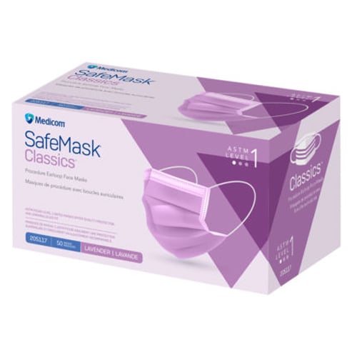 SafeMask Classics ASTM Level 1 Procedure Earloop Face Mask, BFE/PFE ≥ 95%, Lavender, 50/Bx