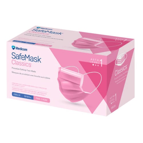 SafeMask Classics ASTM Level 1 Procedure Earloop Face Mask, BFE/PFE ≥ 95%, Pink, 500/Case, 10 x