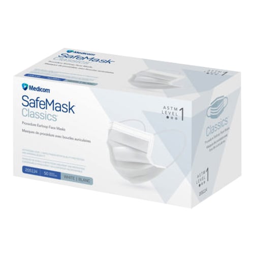 SafeMask Classics ASTM Level 1 Procedure Earloop Face Mask, BFE/PFE ≥ 95%, White, 50/Bx