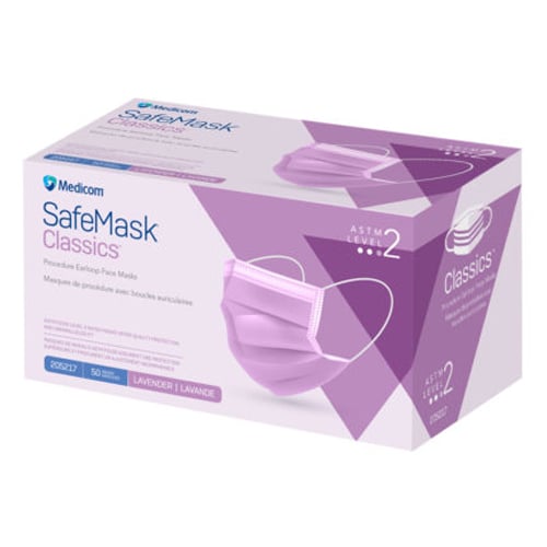 SafeMask Classics ASTM Level 2 Procedure Earloop Face Mask, BFE/PFE ≥ 98%, Lavender, 50/Bx