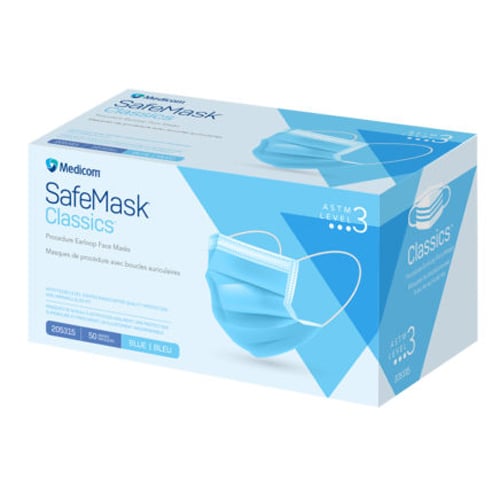 SafeMask Classics ASTM Level 3 Procedure Earloop Face Mask, BFE/PFE ≥ 98%, Blue, 50/Bx