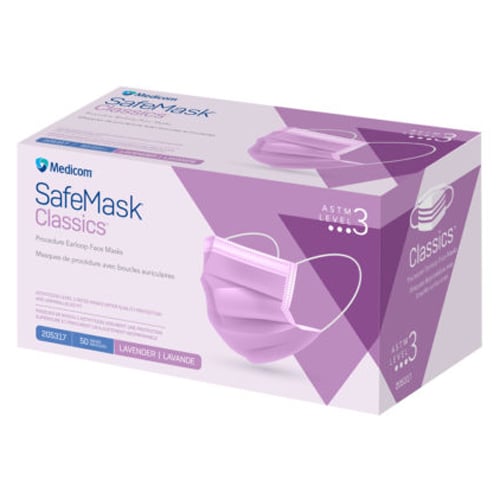 SafeMask Classics ASTM Level 3 Procedure Earloop Face Mask, BFE/PFE ≥ 98%, Lavender, 50/Bx