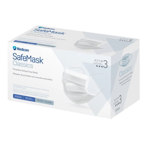 SafeMask Classics ASTM Level 3 Procedure Earloop Face Mask, BFE/PFE ≥ 98%, White, 50/Bx
