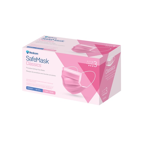 SafeMask Classics ASTM Level 3, Procedure Earloop Face Mask, BFE/PFE ≥ 98% Pink, 50/Bx
