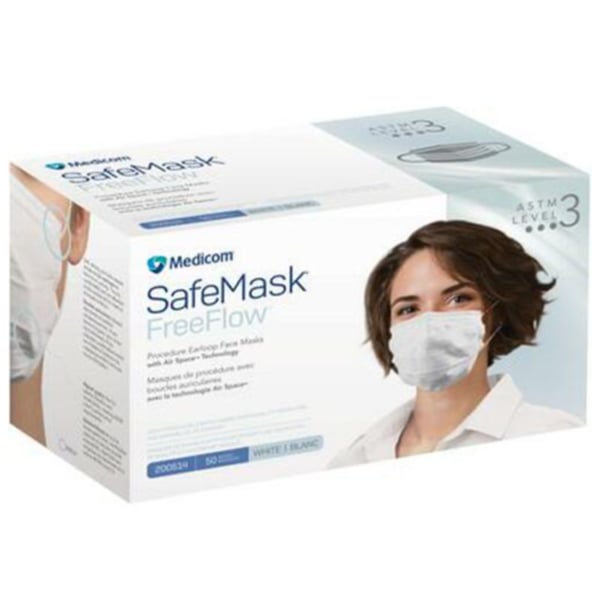 SafeMask FreeFlow ASTM Level 3 Earloop Face Mask, White, 50/Bx. Fluid resistant, BFE ≥ 98% at 3