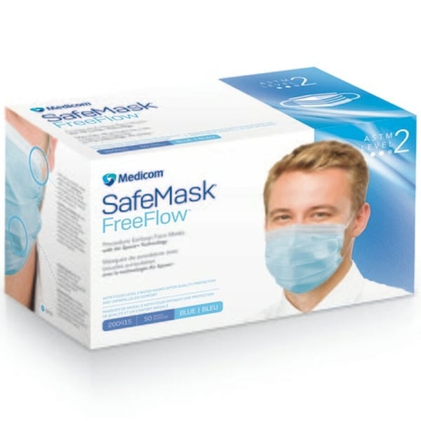 SafeMask FreeFlow ASTM Level 2 Earloop Mask, Blue 50/Box. Fog-free strip integrated into