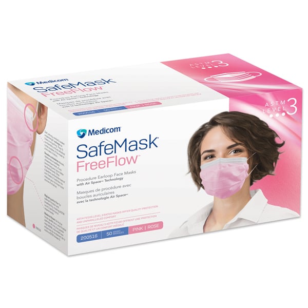 SafeMask FreeFlow ASTM Level 3 Earloop Face Mask, Pink, 50/Bx. Fluid resistant, BFE ≥ 98% at 3