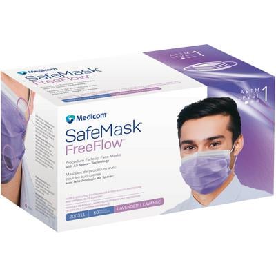 SafeMask FreeFlow ASTM Level 1 Earloop Mask, Lavender 50/Box. Fog-free strip integrated into