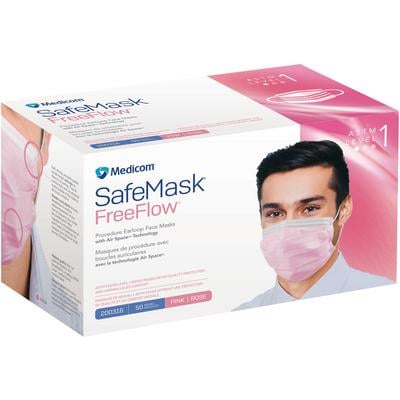 SafeMask FreeFlow ASTM Level 1 Earloop Mask, Pink 50/Box. Fog-free strip integrated into