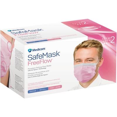 SafeMask FreeFlow ASTM Level 2 Earloop Mask, Pink 50/Box. Fog-free strip integrated into