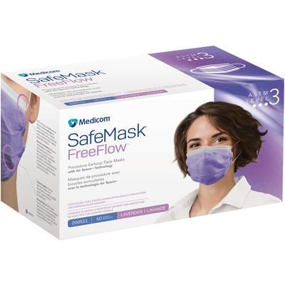 SafeMask FreeFlow ASTM Level 3 Earloop Face Mask, Lavender, 50/Bx. Fluid resistant, BFE ≥ 98% at 3