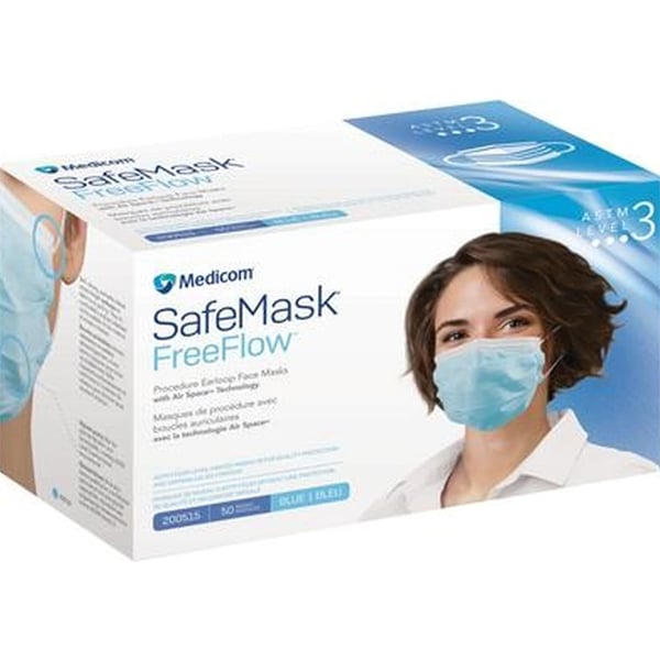 SafeMask FreeFlow ASTM Level 3 Earloop Mask, Blue 50/Box. Contoured Pleat Design with Air Space