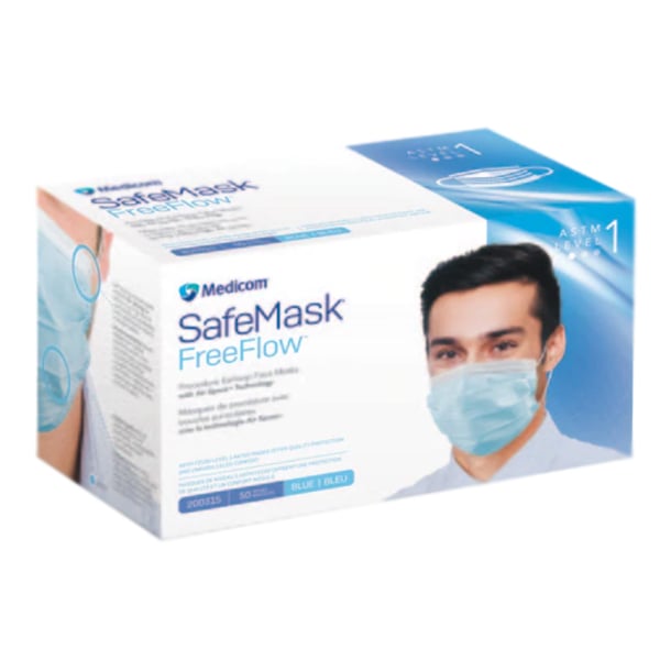 SafeMask FreeFlow ASTM Level 1 Earloop Mask, Blue 50/Box. Fog-free strip integrated into
