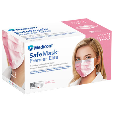 SafeMask Premier Elite Pink Earloop Mask, 50/Bx. ASTM Level 3, Made in USA. High Barrier with BFE