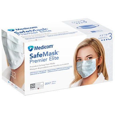 SafeMask Premier Elite WHITE Earloop Mask, 50/Bx. ASTM Level 3, High Barrier with BFE > 98% / PFE