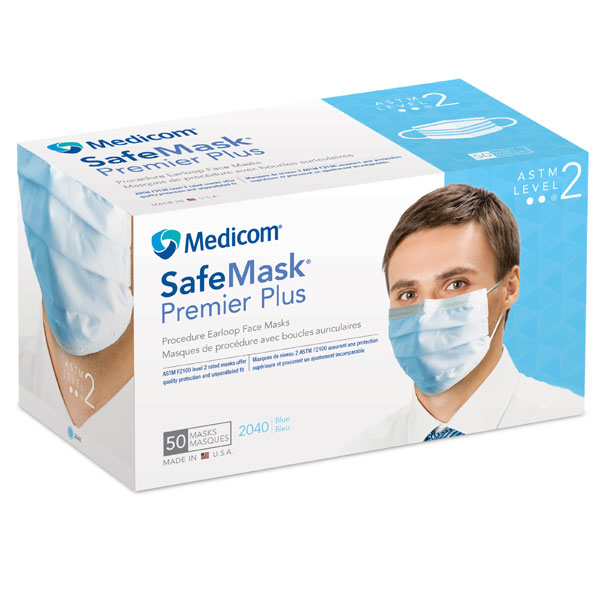 SafeMask Premier Plus Blue Ear-Loop face Mask, 50/Bx. ASTM Level 2, Moderate Barrier with BFE >