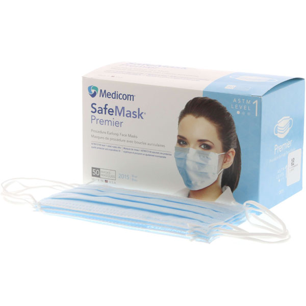 SafeMask Premier BLUE Ear-Loop Face Mask, 50/Bx. ASTM Level 1 with BFE >= 95% / PFE >= 95%. Fluid