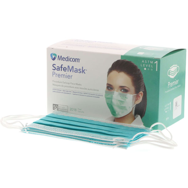SafeMask Premier Safe-Mask Premier - TEAL Ear-Loop Face Mask, 50/Bx. ASTM Level 1 with BFE >= 95%
