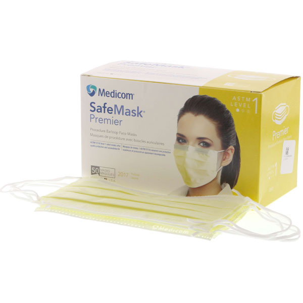SafeMask Premier Safe-Mask Premier - YELLOW Ear-Loop Face Mask, 50/Bx. ASTM Level 1 with BFE >