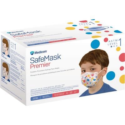SafeMask Premier Pediatric ASTM Level Earloop Face Mask, Polka Dot 50/Pkg. Latex-free ear loops